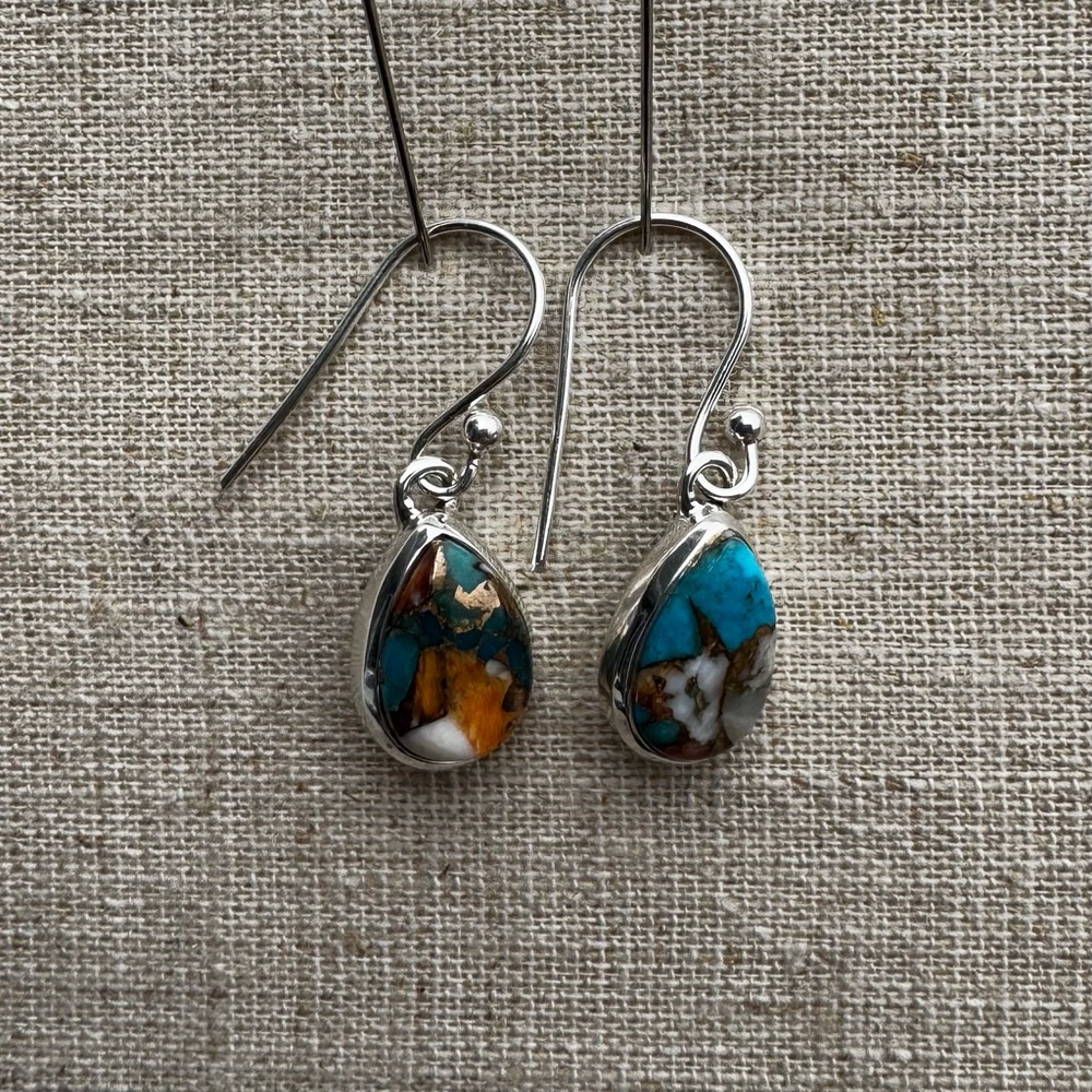 Silver and Spiny Oyster/Turquoise/Copper Dangle Earrings